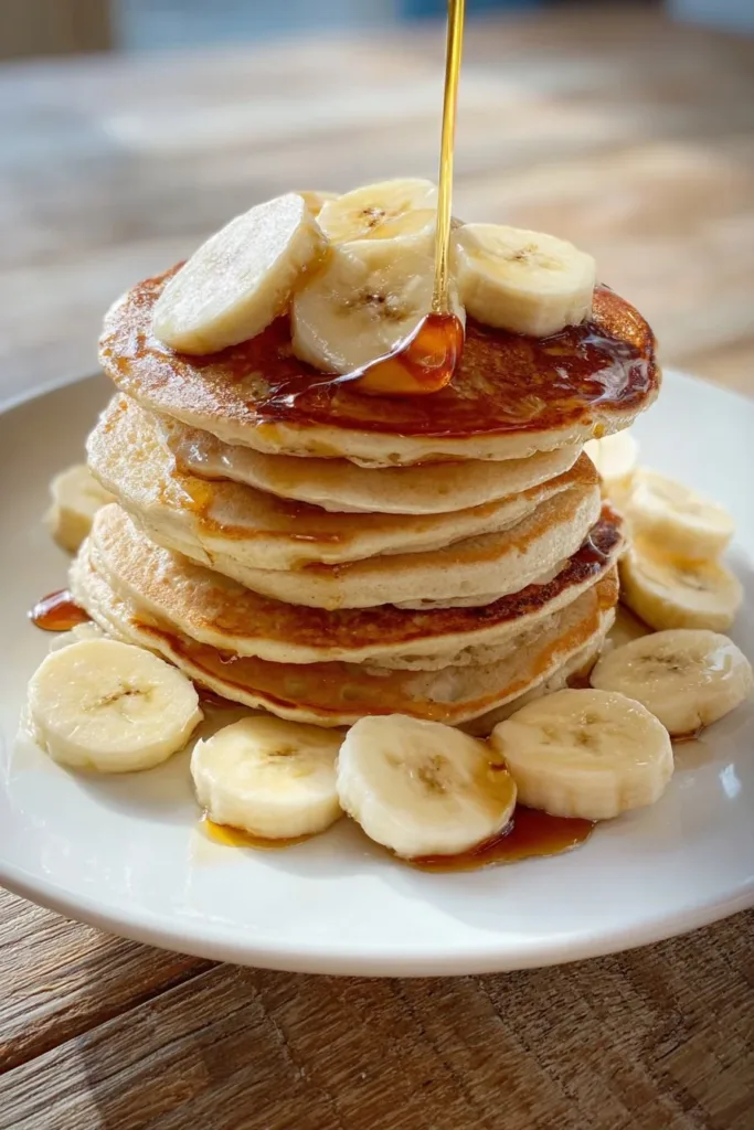 Delicious Vegan Banana Pancakes stacked and topped with fresh fruit