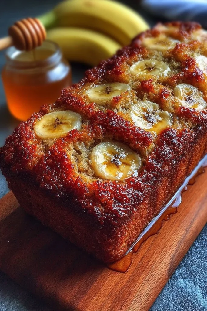 Loaf of world's best banana bread on a wooden cutting board