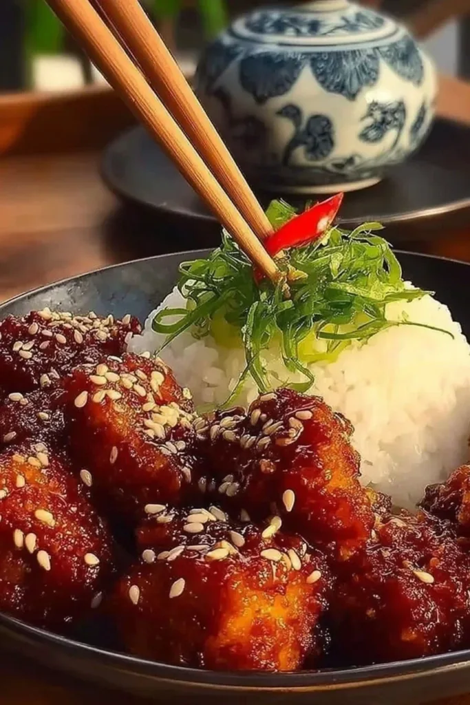 Crispy Air Fryer Sesame Chicken served with vegetables