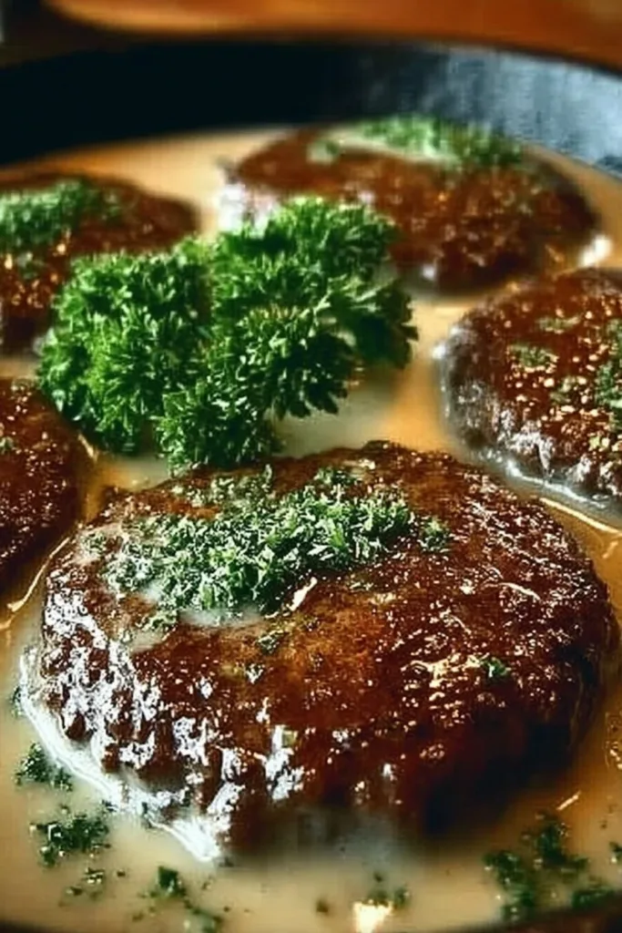 Amish Hamburger Steak Bake with savory sauce and vegetables