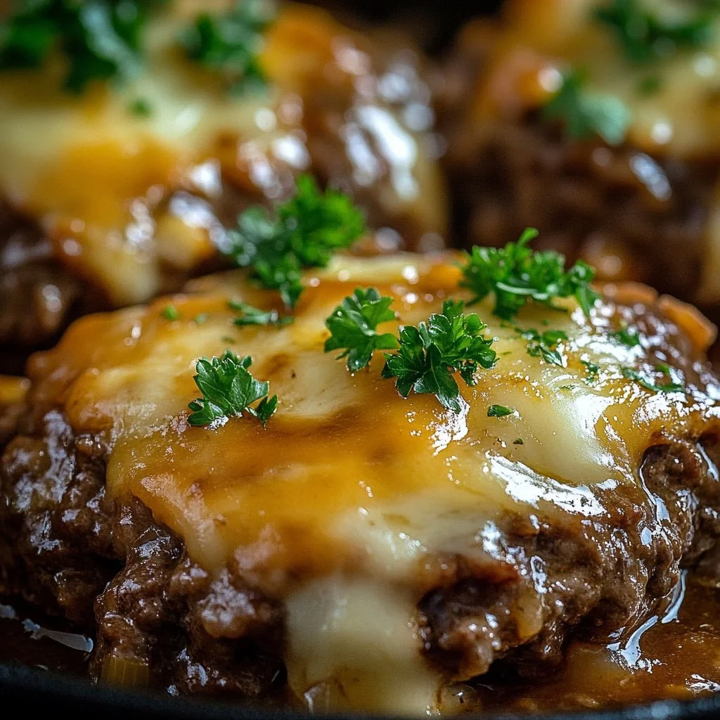 Delicious Amish hamburger steak bake served on a plate, topped with gravy.