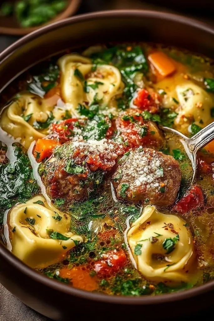 Bowl of Autumn Tortellini Soup with Sausage garnished with herbs