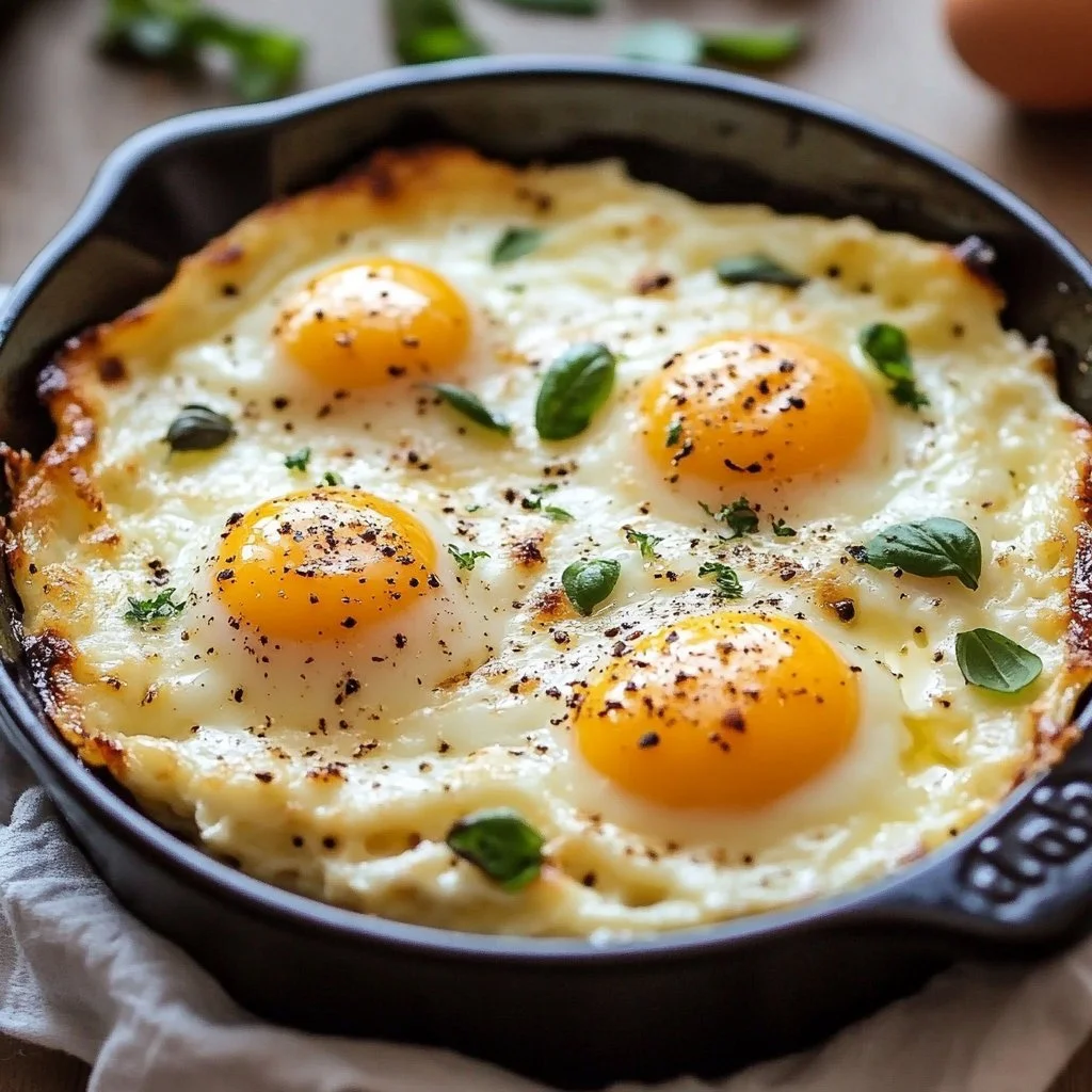 Baked cottage cheese eggs topped with herbs in a ceramic dish.