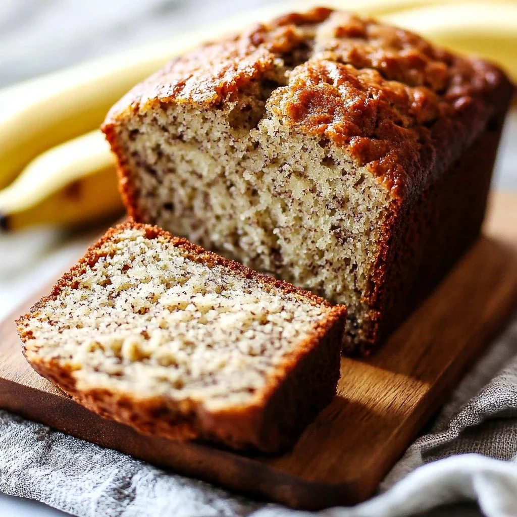 Freshly baked banana bread loaf on a wooden cutting board