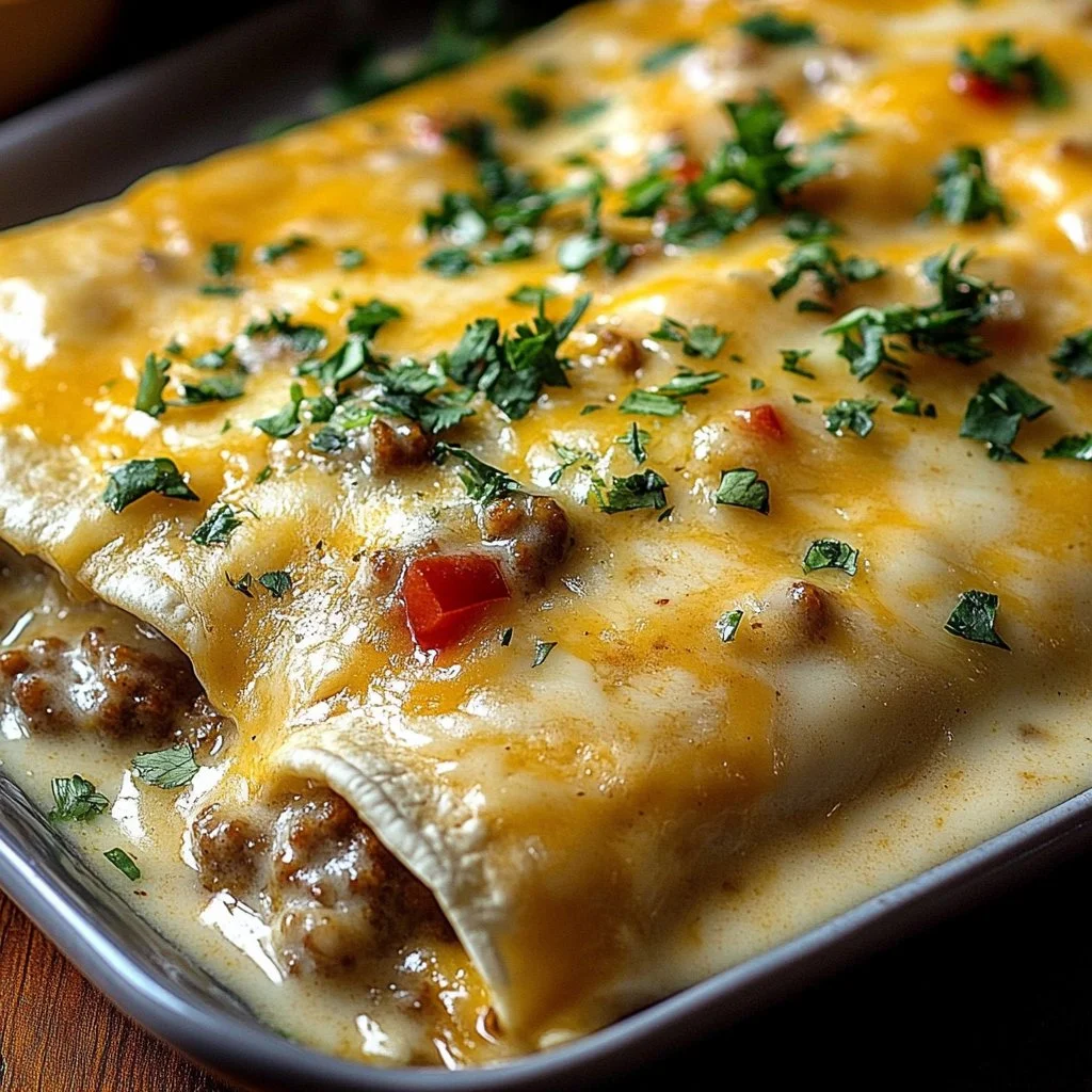 Delicious breakfast enchiladas topped with creamy sausage gravy on a plate