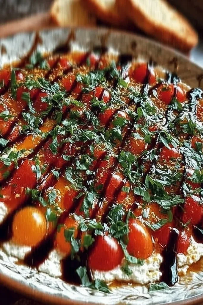 Delicious bruschetta dip served in a bowl with fresh ingredients