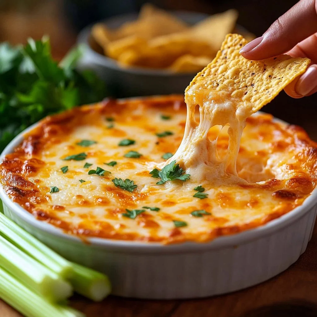 Creamy Buffalo Chicken Dip served in a bowl with tortilla chips.