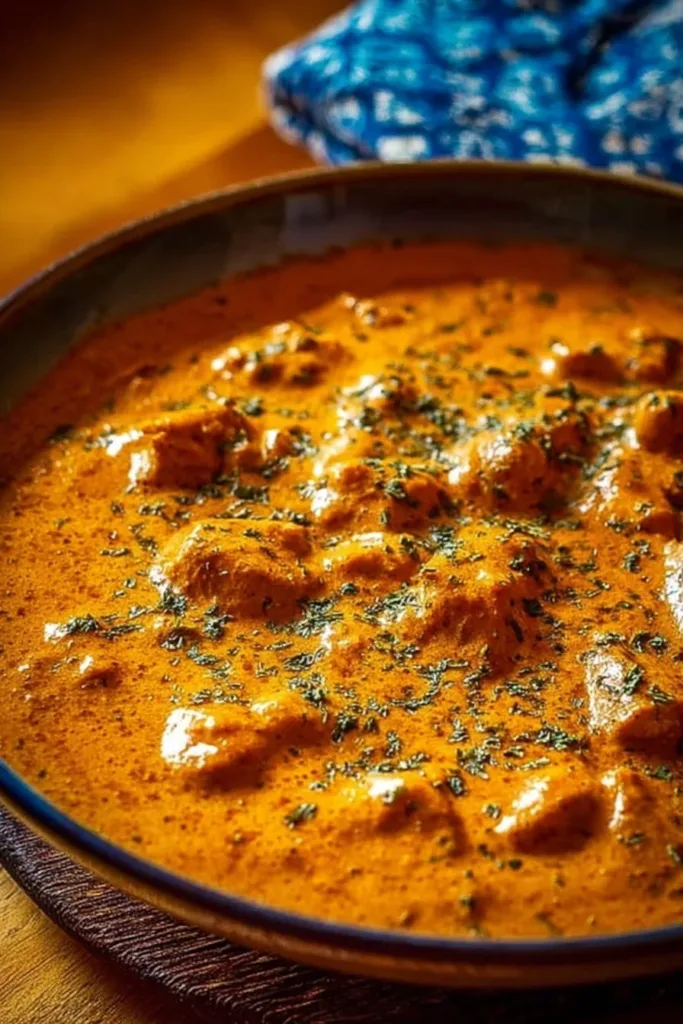 Delicious butter chicken served with rice and naan bread.