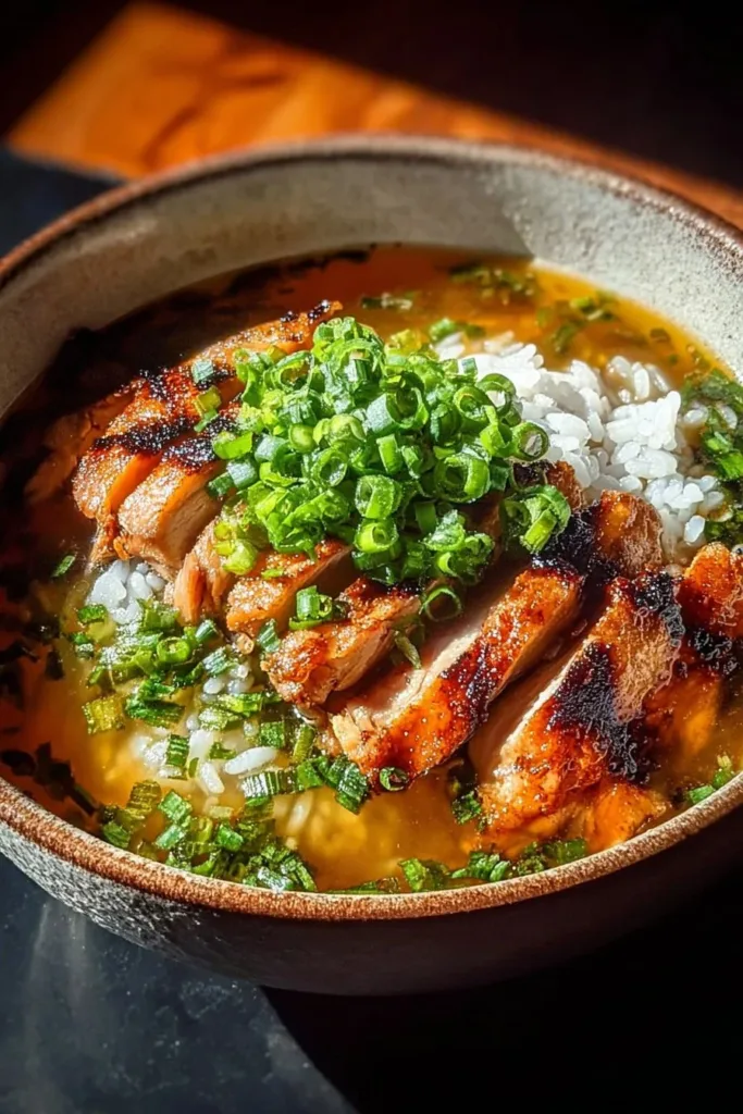 Caramelised soy chicken in garlic ginger broth served with rice