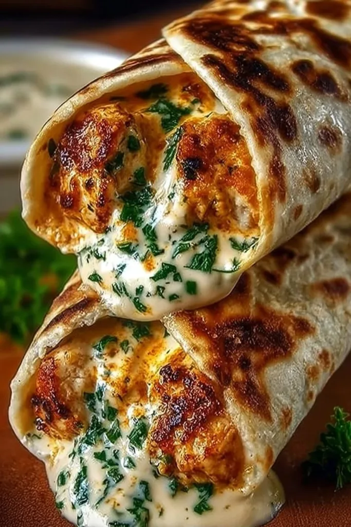 Delicious cheesy garlic chicken wraps filled with fresh ingredients.