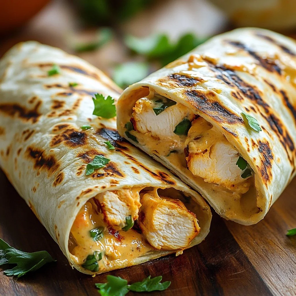 Cheesy garlic chicken wraps with fresh ingredients and melted cheese