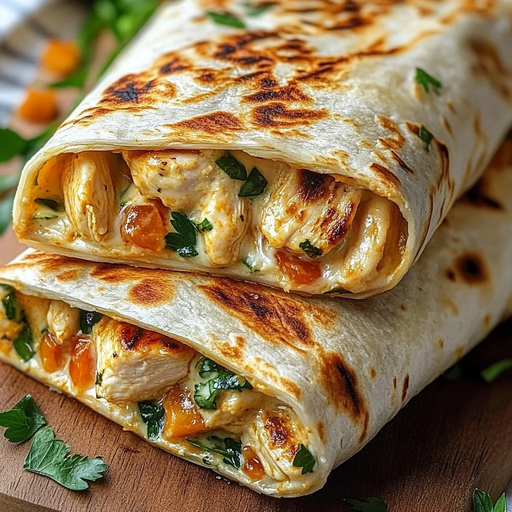 Cheesy garlic chicken wraps filled with cheese and flavorful garlic.
