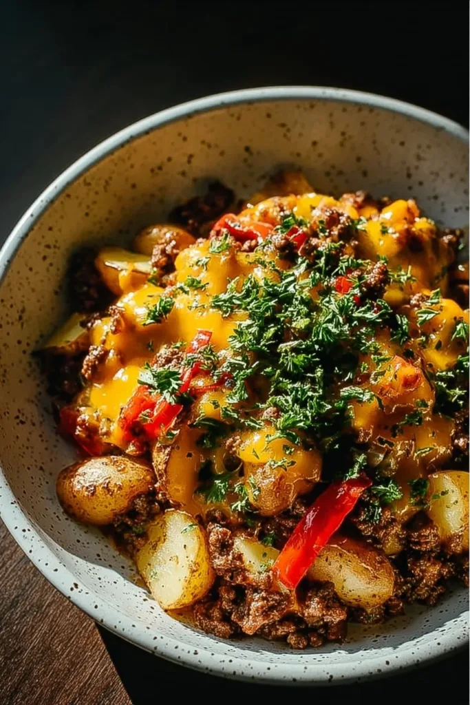Cheesy ground beef and potatoes dish garnished with herbs.