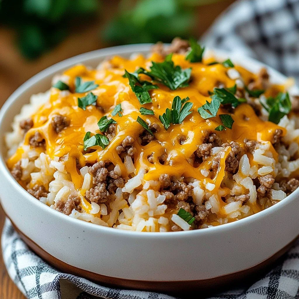 Cheesy ground beef and rice casserole topped with melted cheese