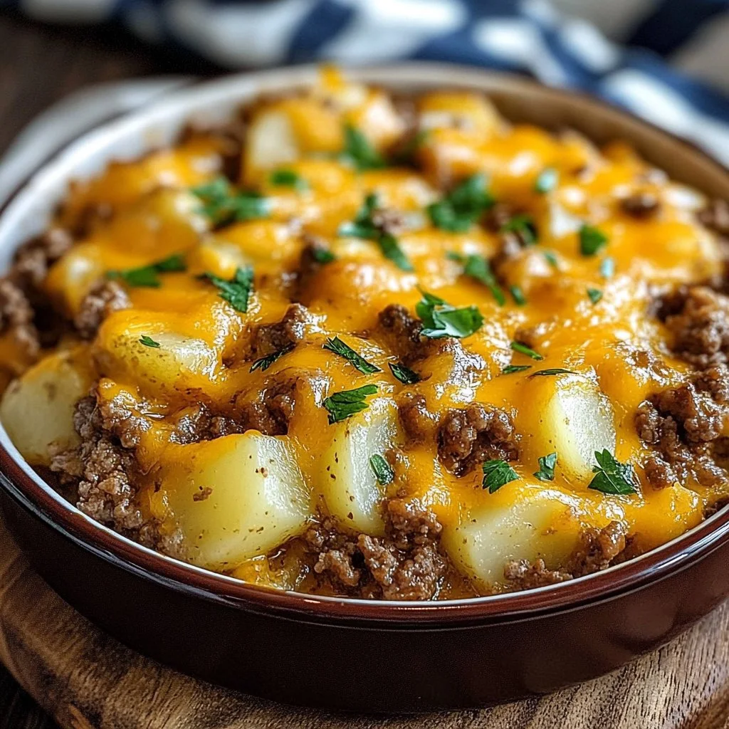 Cheesy Ground Beef and Potato Casserole served in a baking dish