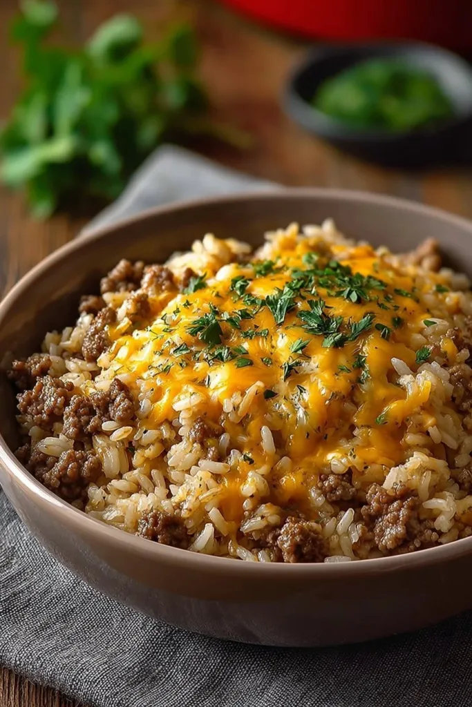 Cheesy hamburger rice casserole in a baking dish, featuring melted cheese and ground beef.