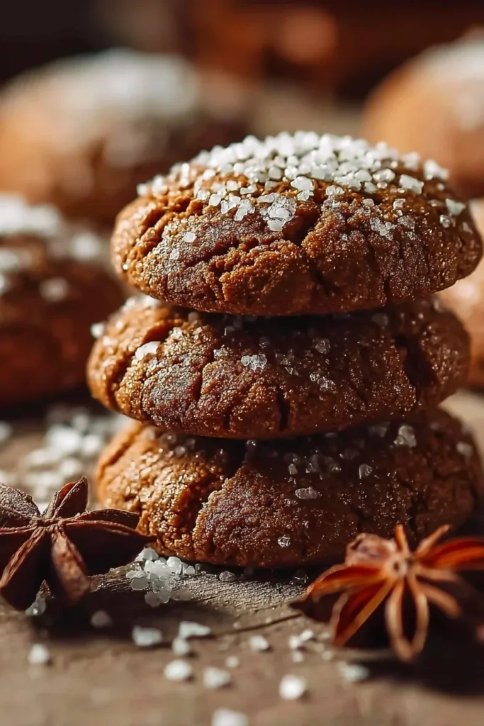 Chewy gingerbread cookies on a plate with festive decorations