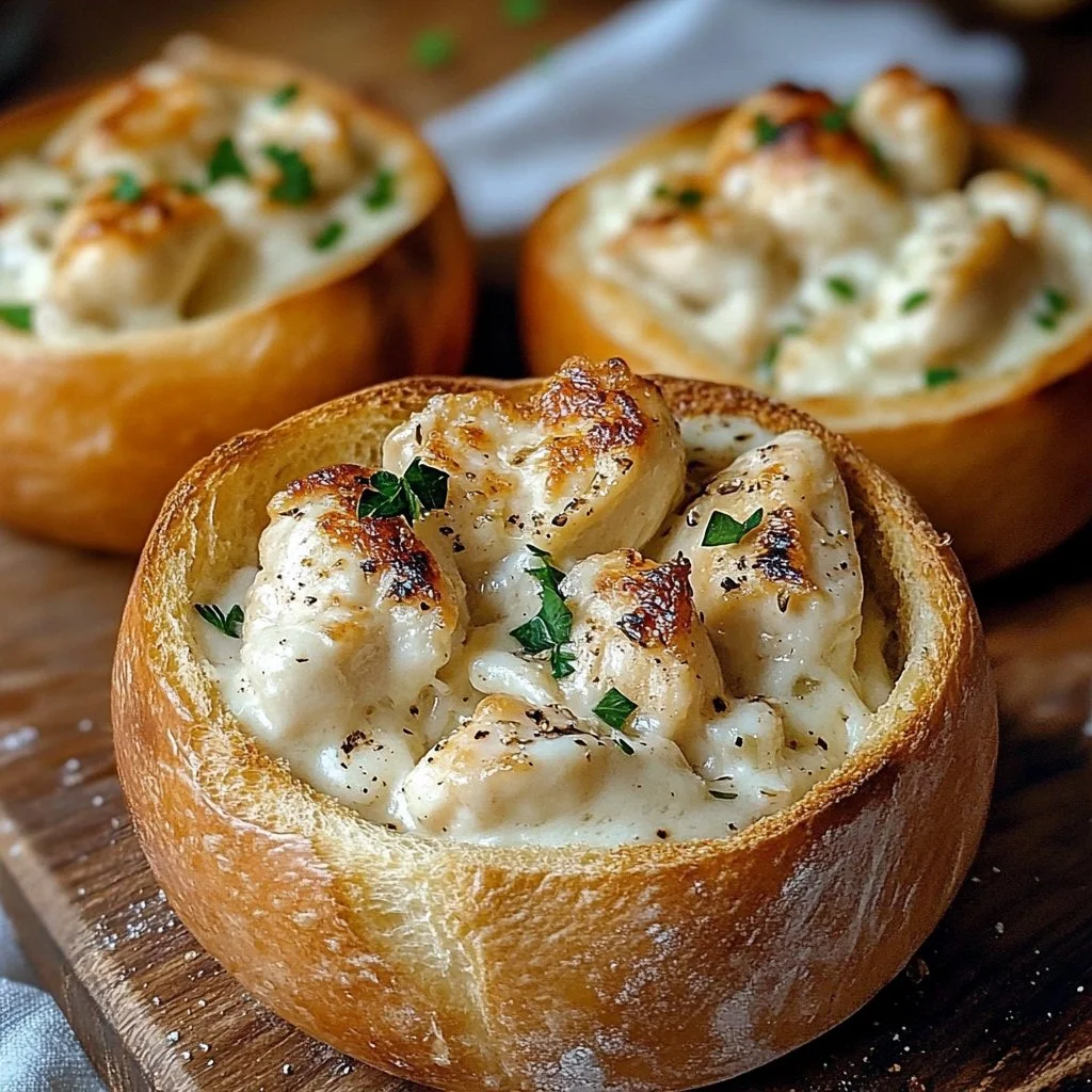 Chicken Alfredo served in garlic bread bowls, a delicious and creamy dish.