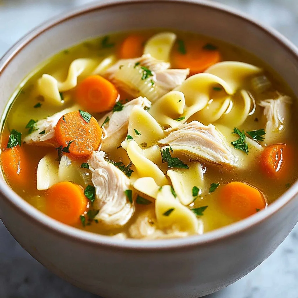 Delicious bowl of homemade Chicken Noodle Soup with fresh vegetables and herbs.