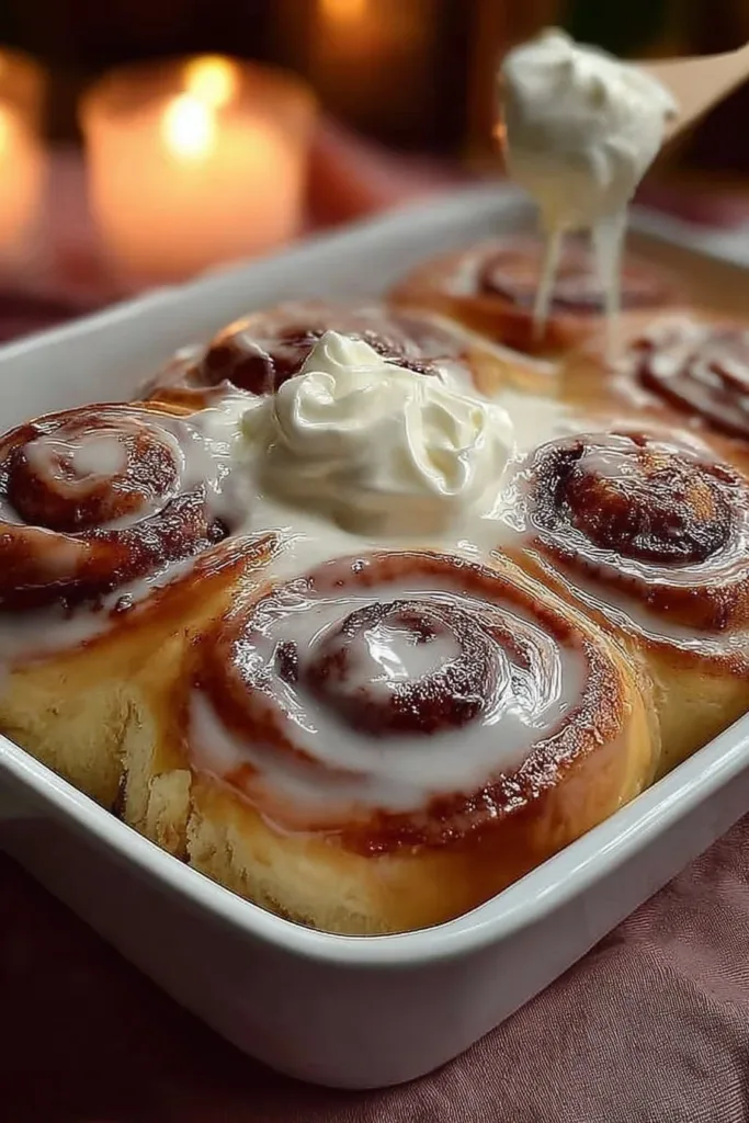 Freshly baked cinnamon rolls topped with creamy icing on a wooden table.