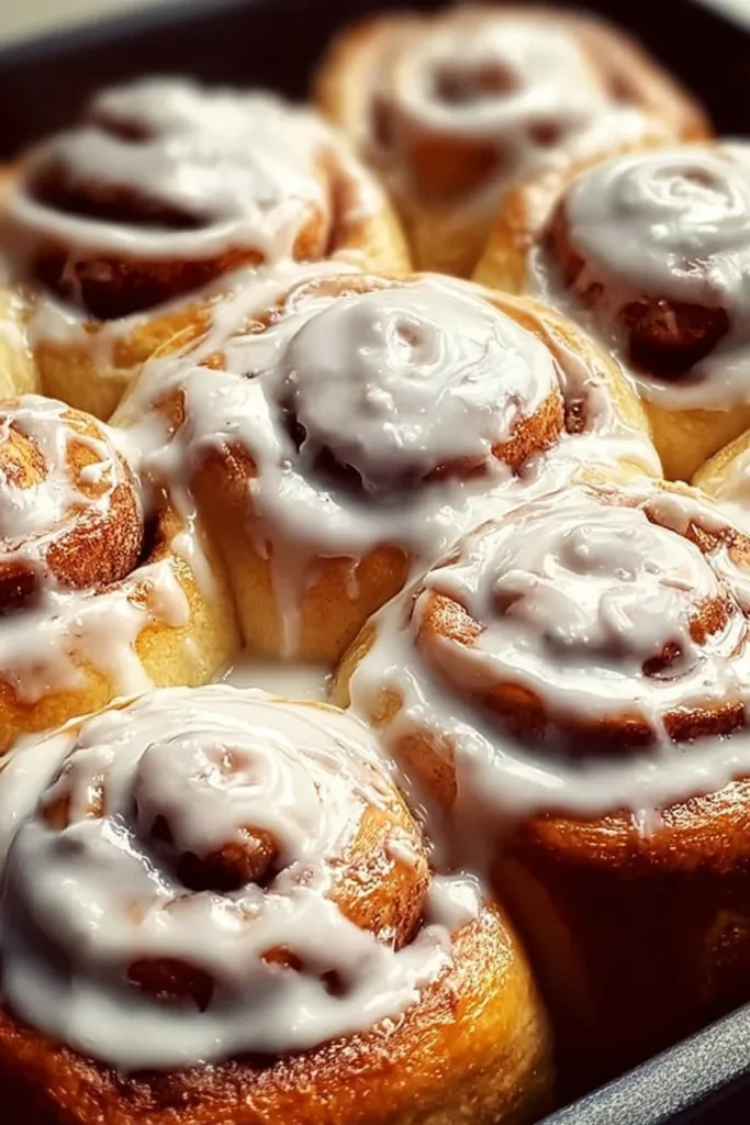 Freshly baked cinnamon rolls topped with cream cheese icing