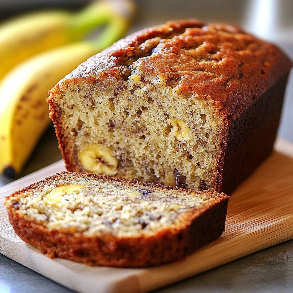 A slice of classic moist banana bread with ripe bananas on a wooden board