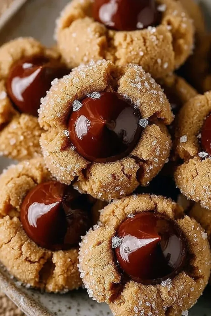 A plate of classic Peanut Butter Blossoms cookies topped with Hershey's Kisses