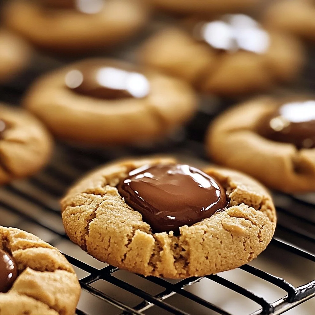 Classic Peanut Butter Blossoms cookies topped with chocolate kisses.