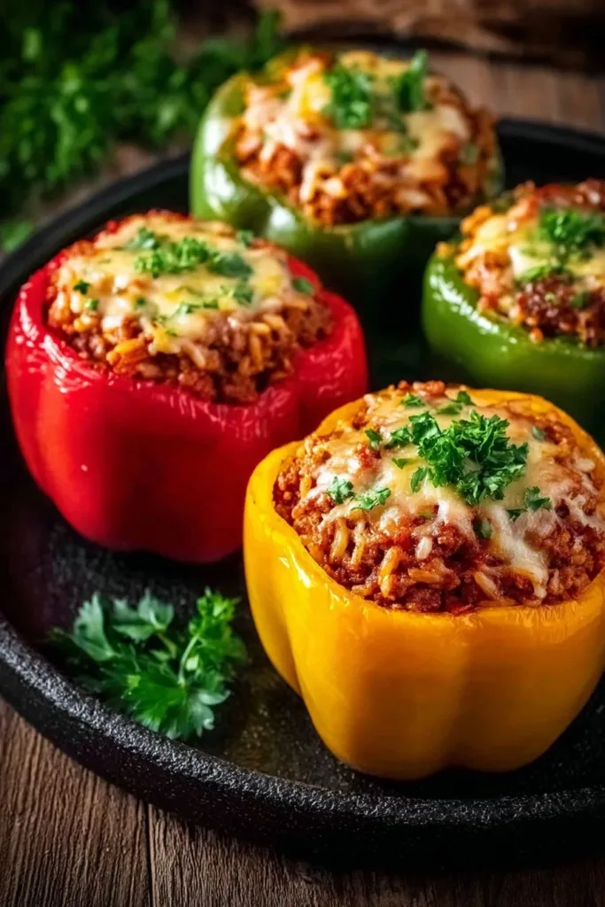 Classic stuffed peppers filled with rice and meat on a plate