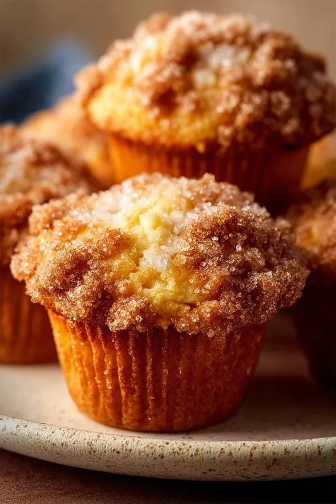 Freshly baked coffee cake muffins topped with streusel crumb topping