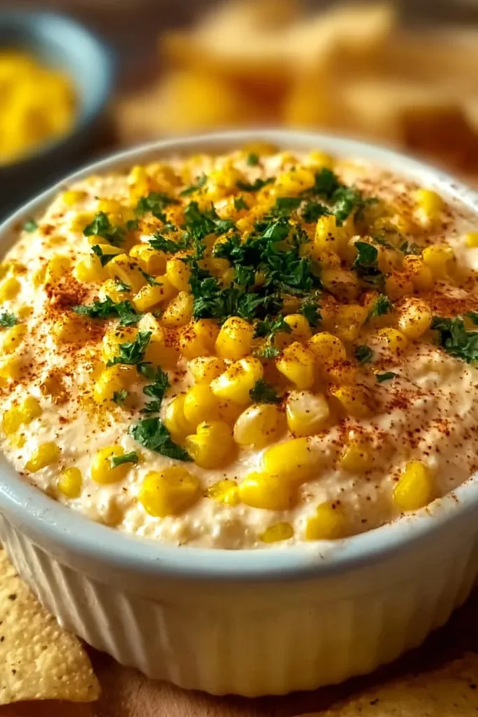 Delicious corn dip served in a bowl with tortilla chips for dipping