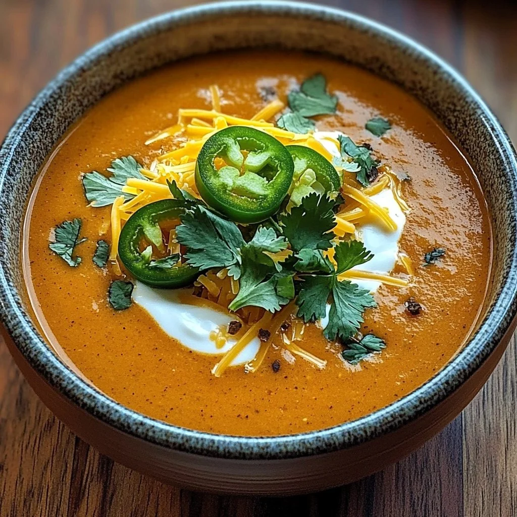 Bowl of creamy chicken enchilada soup topped with cheese and cilantro