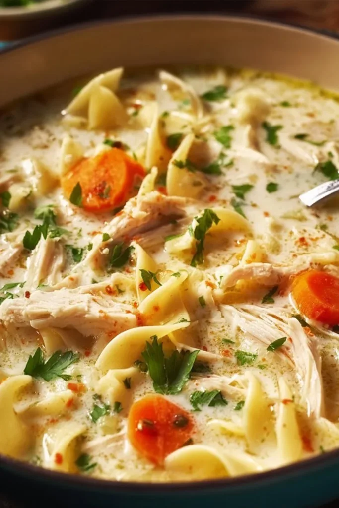 Bowl of creamy chicken soup garnished with herbs