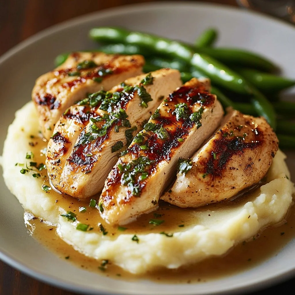 Creamy garlic parmesan chicken breast served with herbs dish