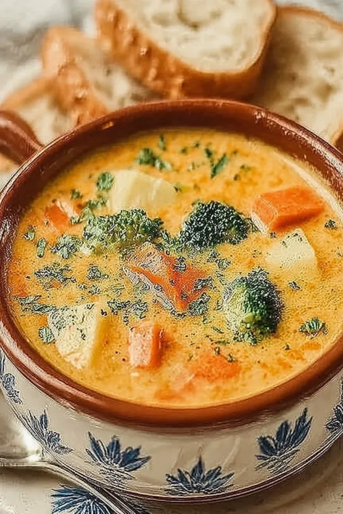 Bowl of creamy vegetable soup topped with fresh herbs and colorful veggies.