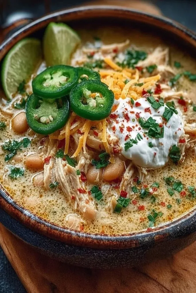 A bowl of creamy white chicken chili garnished with cilantro and lime.