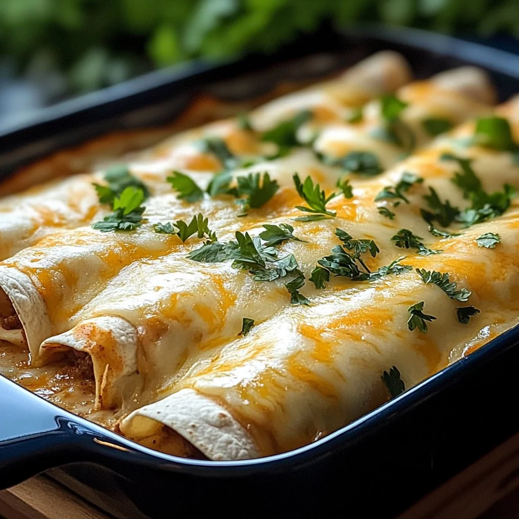 Plate of creamy white chicken enchiladas topped with sauce and cheese