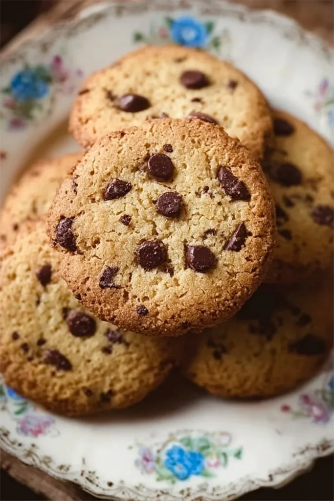 Plate of crispy chocolate chip cookies fresh out of the oven