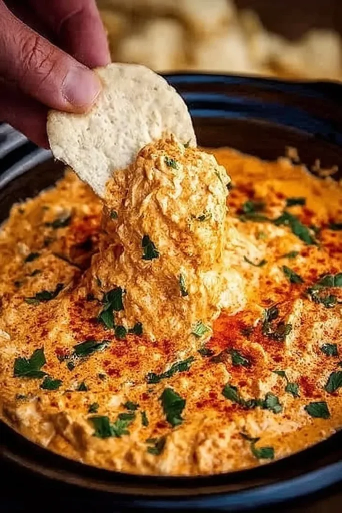 Delicious Crockpot Buffalo Chicken Dip served in a bowl with tortilla chips