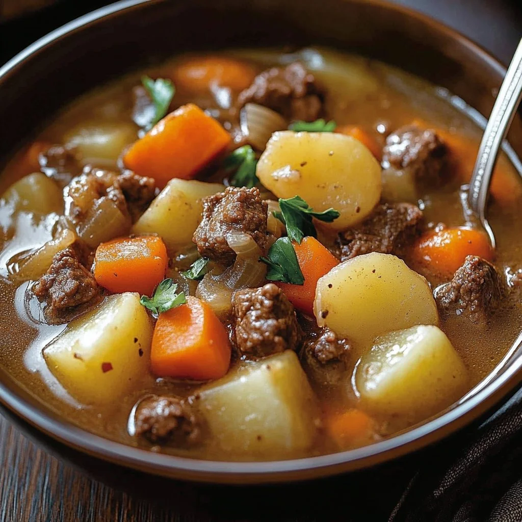 Crockpot Creamy Potato and Hamburger Soup served in a bowl with bread