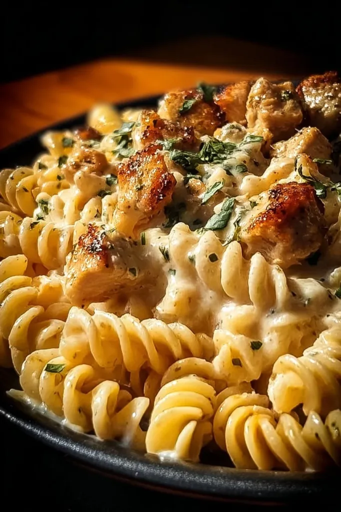 Crockpot Garlic Parmesan Chicken Pasta dish garnished with herbs