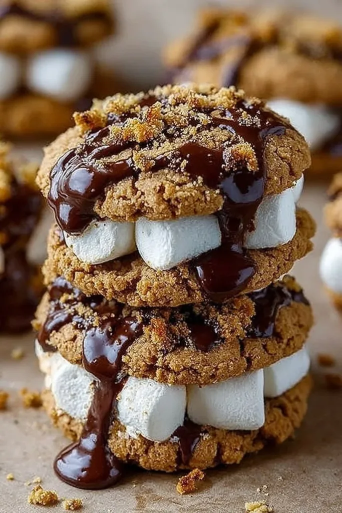 Crumbl copycat s'mores cookies with melted chocolate, graham cracker crumbs, and marshmallows.