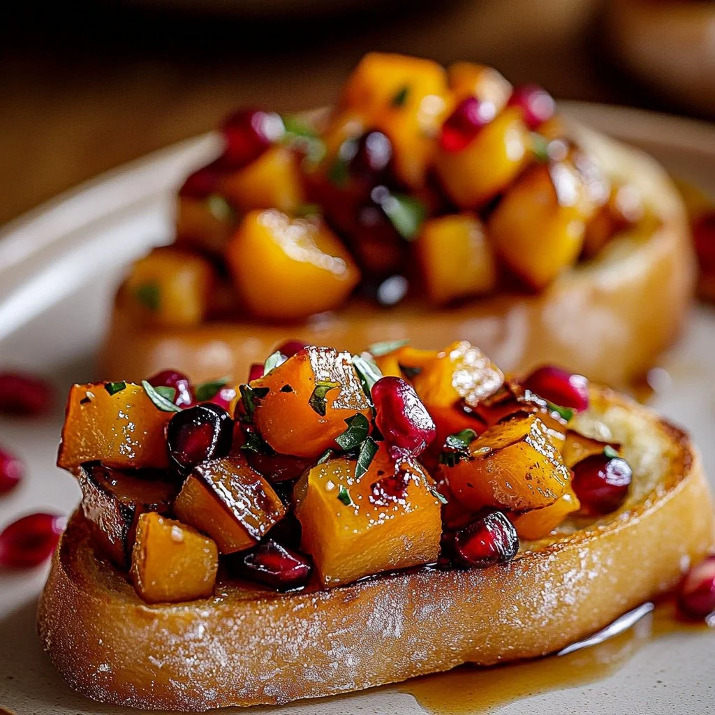 Delicious fall bruschetta with seasonal toppings like pumpkin and sage