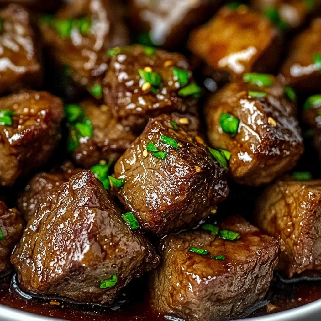 Plate of Garlic Butter Air Fryer Steak Bites garnished with herbs