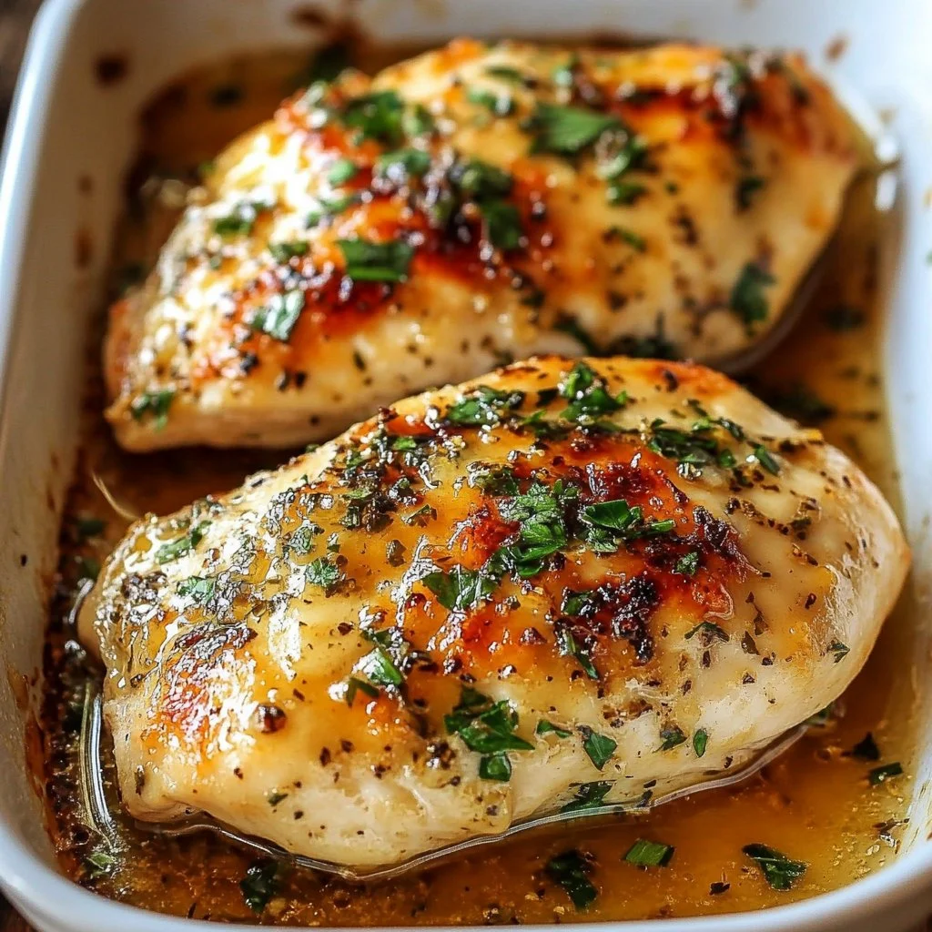 Juicy Garlic Butter Baked Chicken Breast served on a plate with herbs.