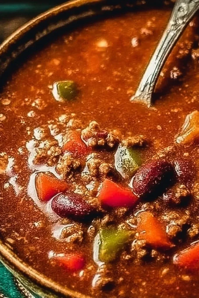 Bowl of Grandma's homemade chili with fresh ingredients and spices