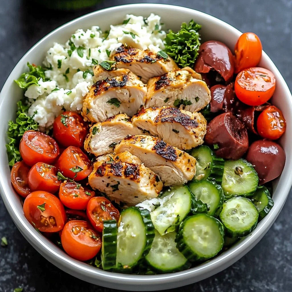 Healthy Greek Chicken Bowls with fresh vegetables and aromatic spices