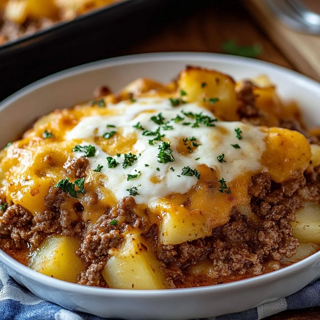 Delicious ground beef and potatoes casserole served in a baking dish