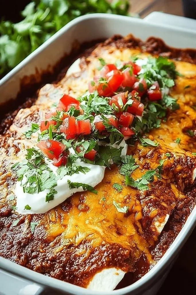 Delicious ground beef enchiladas topped with melted cheese and fresh toppings
