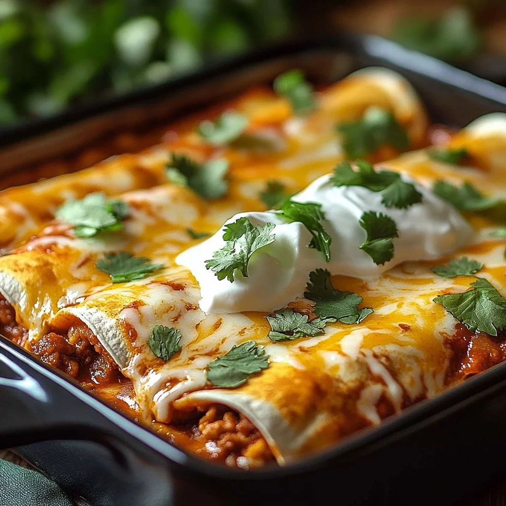 Delicious ground beef enchiladas topped with sauce and cheese